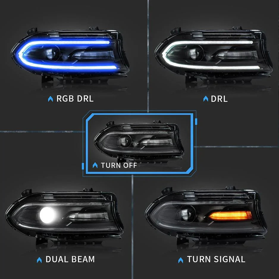 Predné projektorové svetlá Dodge Charger (2015–2023) – RGB DRL