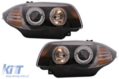 Angel Eyes Headlights BMW E81 E82 E87 E88 (2004-2011) Halogen – black, H7, E-MARK