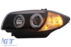 Angel Eyes Headlights BMW E81 E82 E87 E88 (2004-2011) Halogen – black, H7, E-MARK