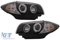 Angel Eyes Headlights BMW E81 E82 E87 E88 (2004-2011) Halogen – black, H7, E-MARK