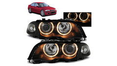 Predné projektorové tuning svetlomety Dual Halo Angel Eyes čierne – BMW 3 E46 Sedan / Touring (1997–2005)