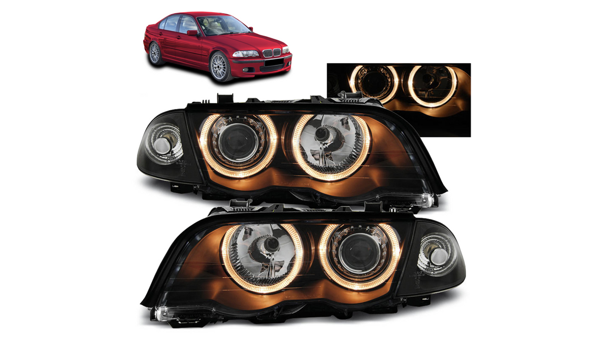Predné projektorové tuning svetlomety Dual Halo Angel Eyes čierne – BMW 3 E46 Sedan / Touring (1997–2005)