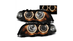 Predné projektorové tuning svetlomety Dual Halo Angel Eyes čierne – BMW 3 E46 Sedan / Touring (1997–2005)