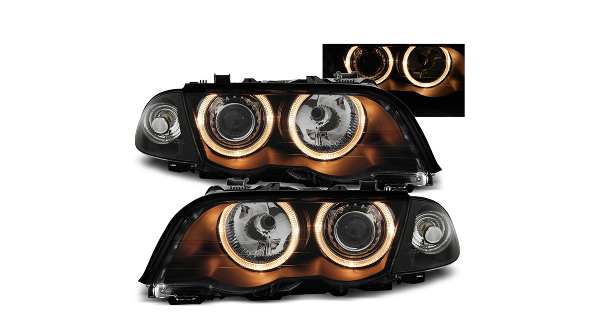 Predné projektorové tuning svetlomety Dual Halo Angel Eyes čierne – BMW 3 E46 Sedan / Touring (1997–2005)