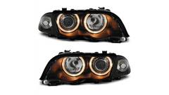 Predné projektorové tuning svetlomety Dual Halo Angel Eyes čierne – BMW 3 E46 Sedan / Touring (1997–2005)