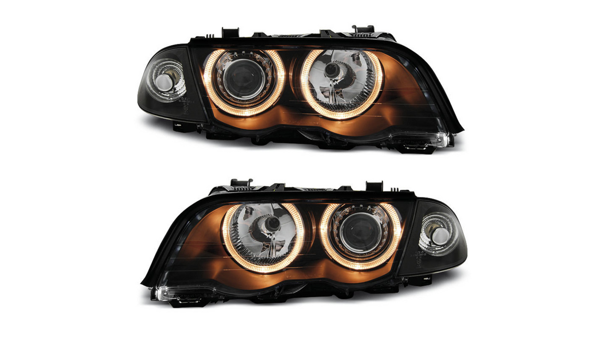 Predné projektorové tuning svetlomety Dual Halo Angel Eyes čierne – BMW 3 E46 Sedan / Touring (1997–2005)