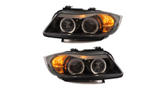 Predné halogénové svetlomety Angel Eyes čierne – BMW 3 E90 Sedan / E91 Touring (2005–2012)