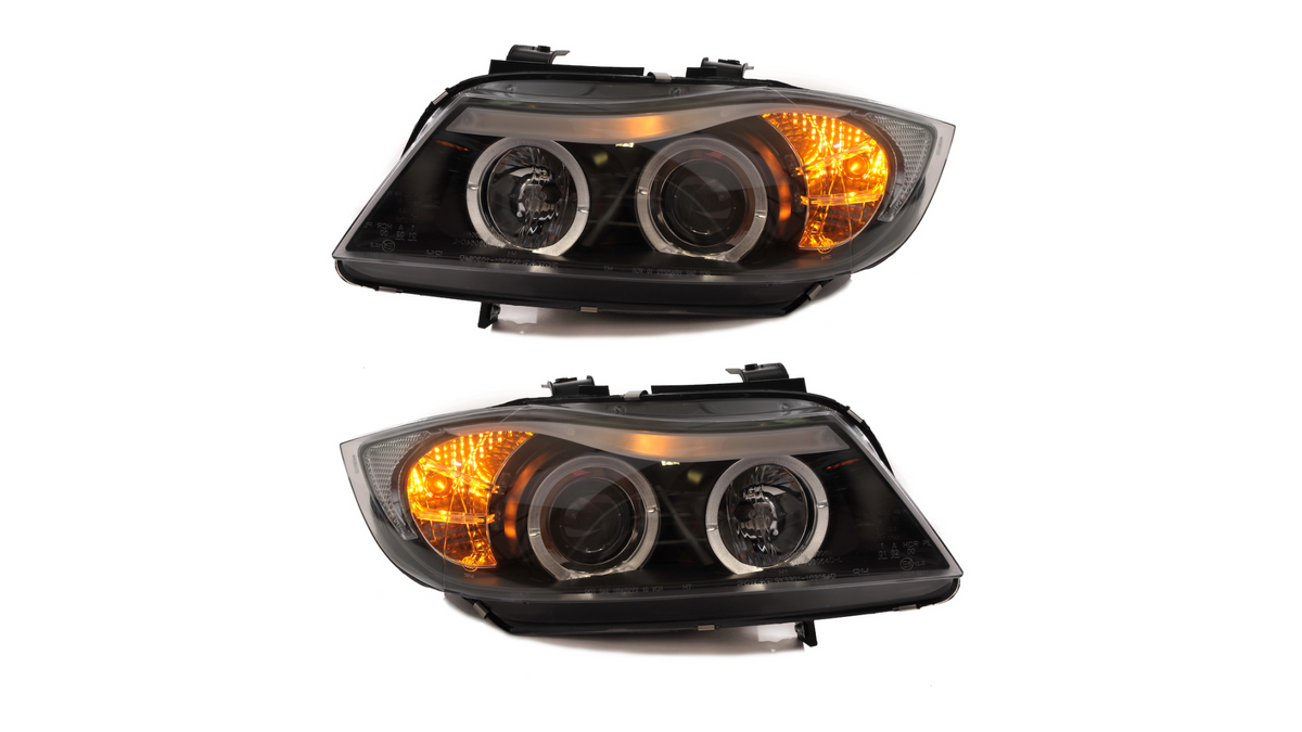 Predné halogénové svetlomety Angel Eyes čierne – BMW 3 E90 Sedan / E91 Touring (2005–2012)