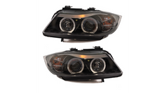 Predné halogénové svetlomety Angel Eyes čierne – BMW 3 E90 Sedan / E91 Touring (2005–2012)