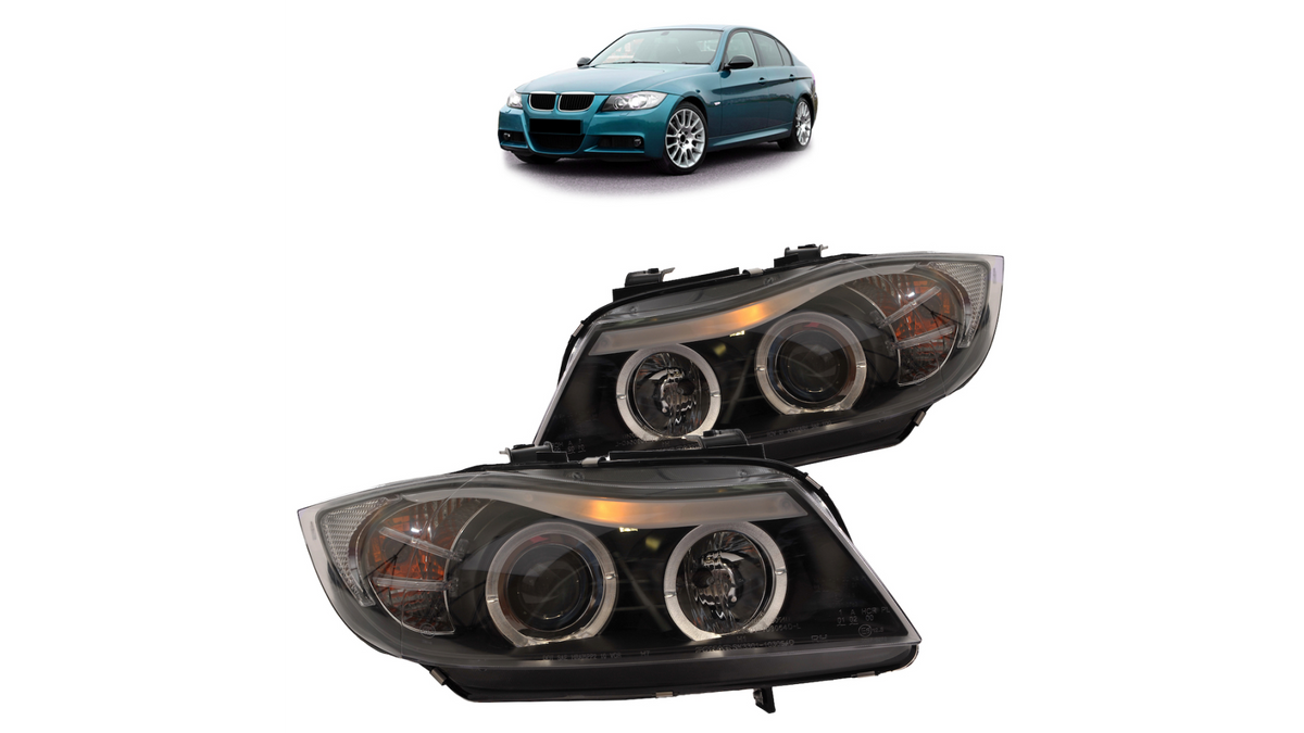Predné halogénové svetlomety Angel Eyes čierne – BMW 3 E90 Sedan / E91 Touring (2005–2012)