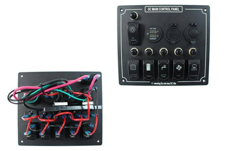 Univerzálny prepínačový panel – 9 prvkov (6x spínač, voltmeter, USB 3.1A, zásuvka 12V)