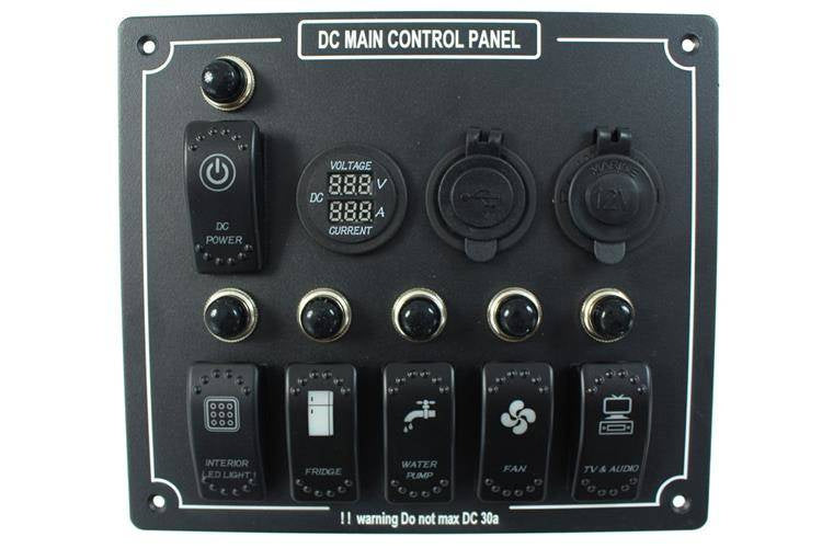 Univerzálny prepínačový panel – 9 prvkov (6x spínač, voltmeter, USB 3.1A, zásuvka 12V)