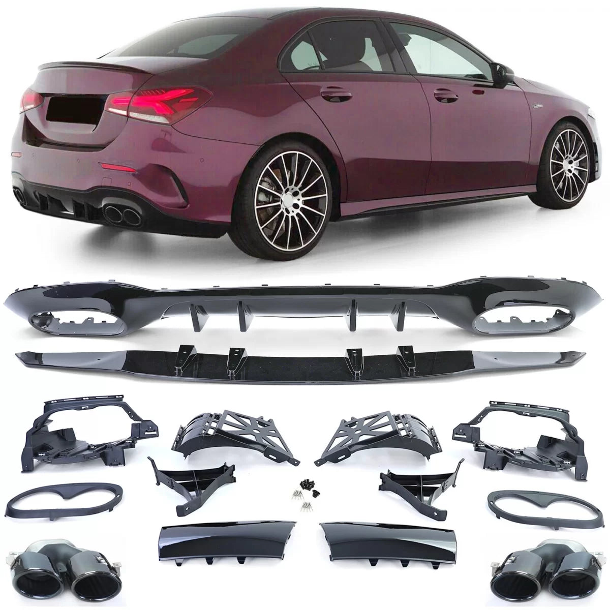 Športový zadný difúzor s čiernymi koncovkami pre Mercedes A V177 Sedan (2019–2025)