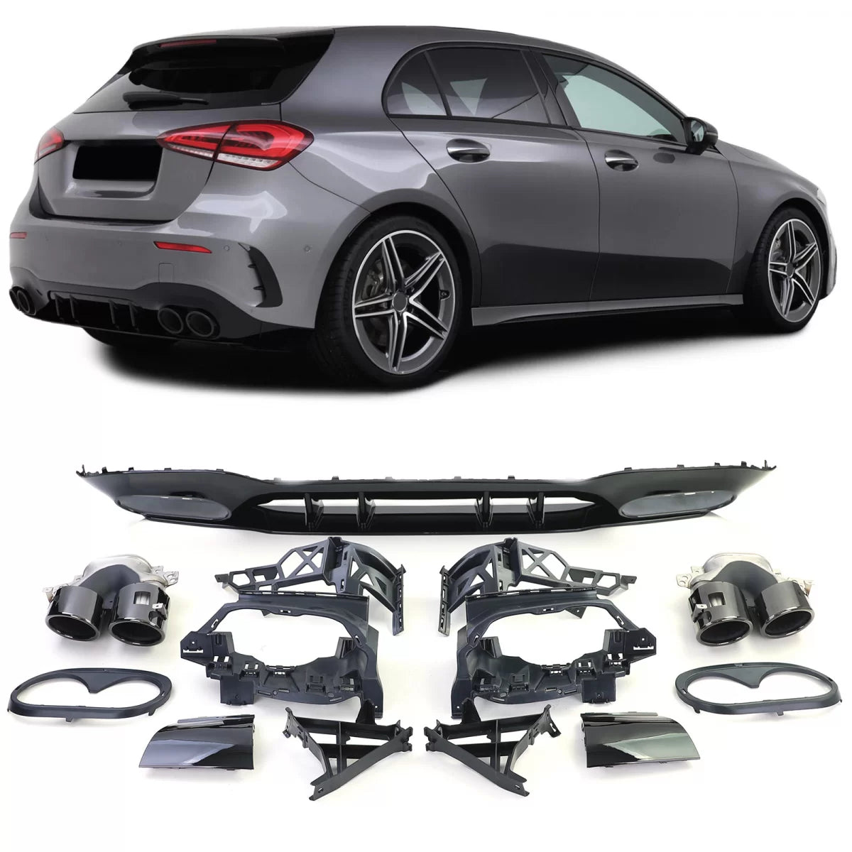 Športový zadný difúzor s chrómovými koncovkami pre Mercedes A W177 Hatchback (2018–2026)